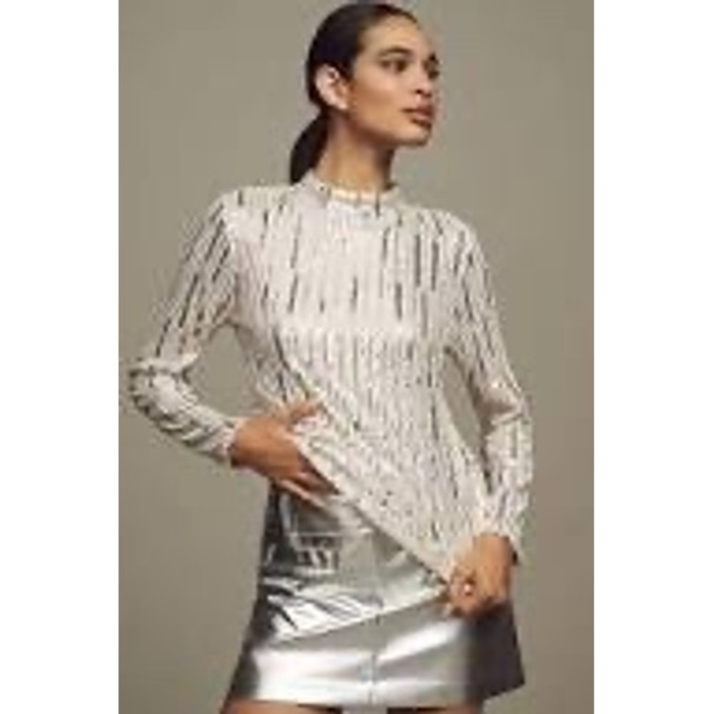 Sanctuary‎ Silver Sequin Striped Mock Neck Top Beige Mesh Party NYE Size Medium